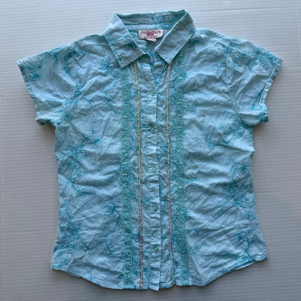 Woven Works Couture for Kids Light Aqua Cotton Embroidered Floral Shirt Girls 16